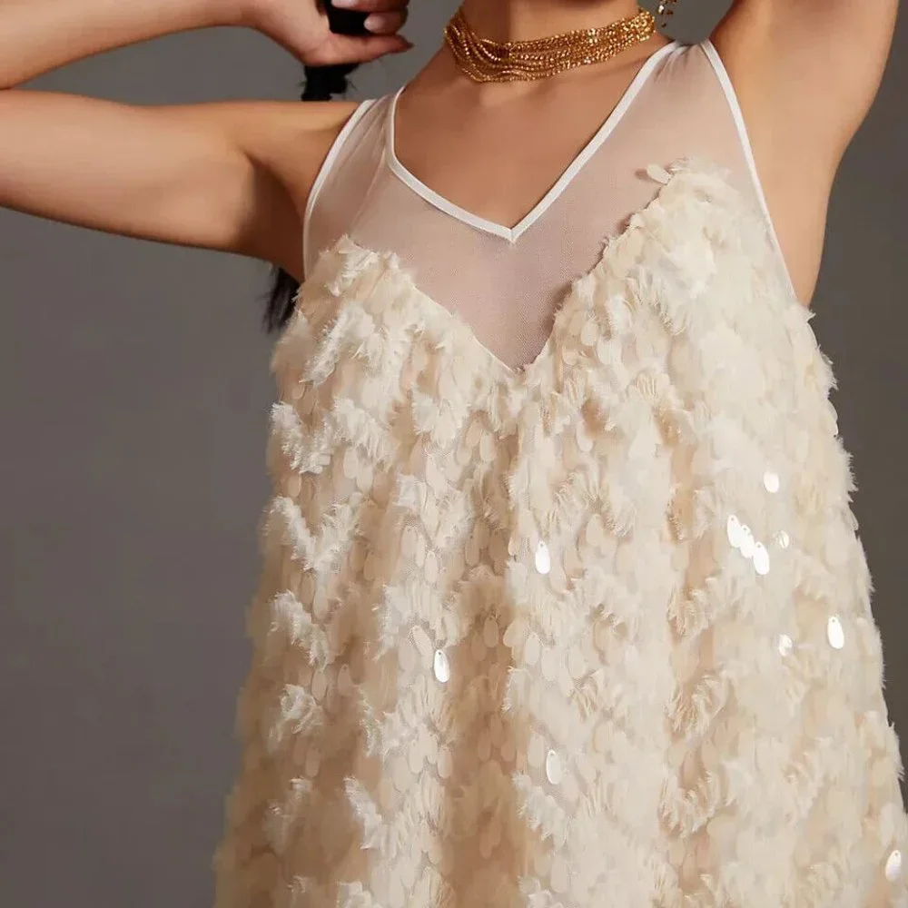 Anthropologie 3X NWT Textured Sequin Mini Dress Paillettes Cream New 230$ - Picture 8 of 9